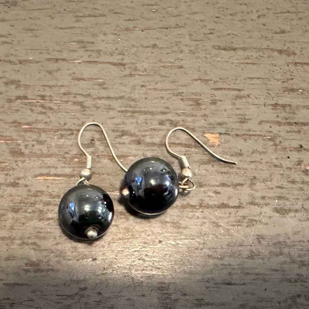 Natural Hematite Round Bead Drop Earrings Silver Tone Fishhook Dangle Gray Stone